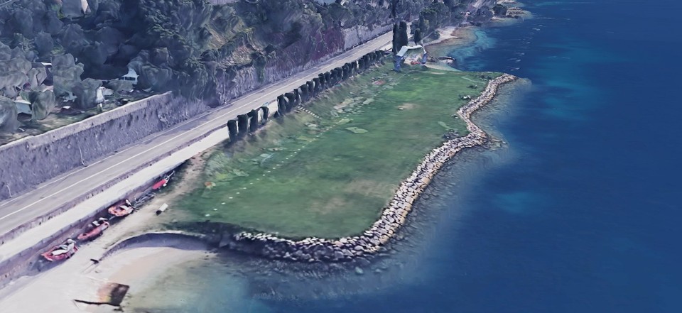 Landing field diagram showing large boulders around the landing area and hazards near the water