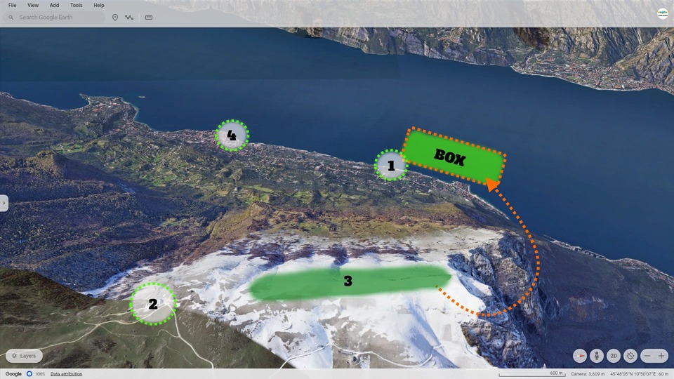 North box flying route map showing easterly wind take-off direction and orange line marking mountain hugging path to lake